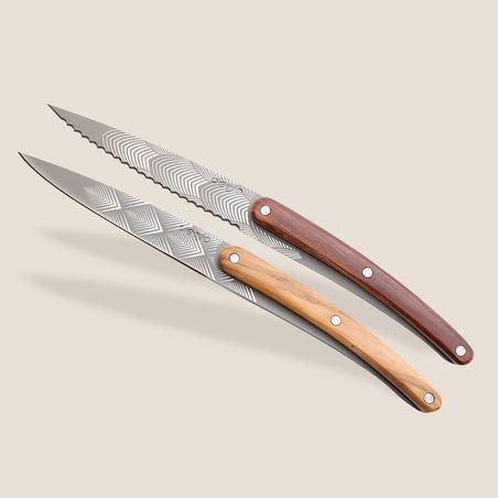 Deejo 2 Pairing Knives - Olive Wood and Coral Wood Art Deco