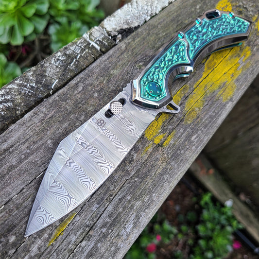 Olamic Cutlery Custom Wayfarer 247 High Polish Titanium Damasteel Folder