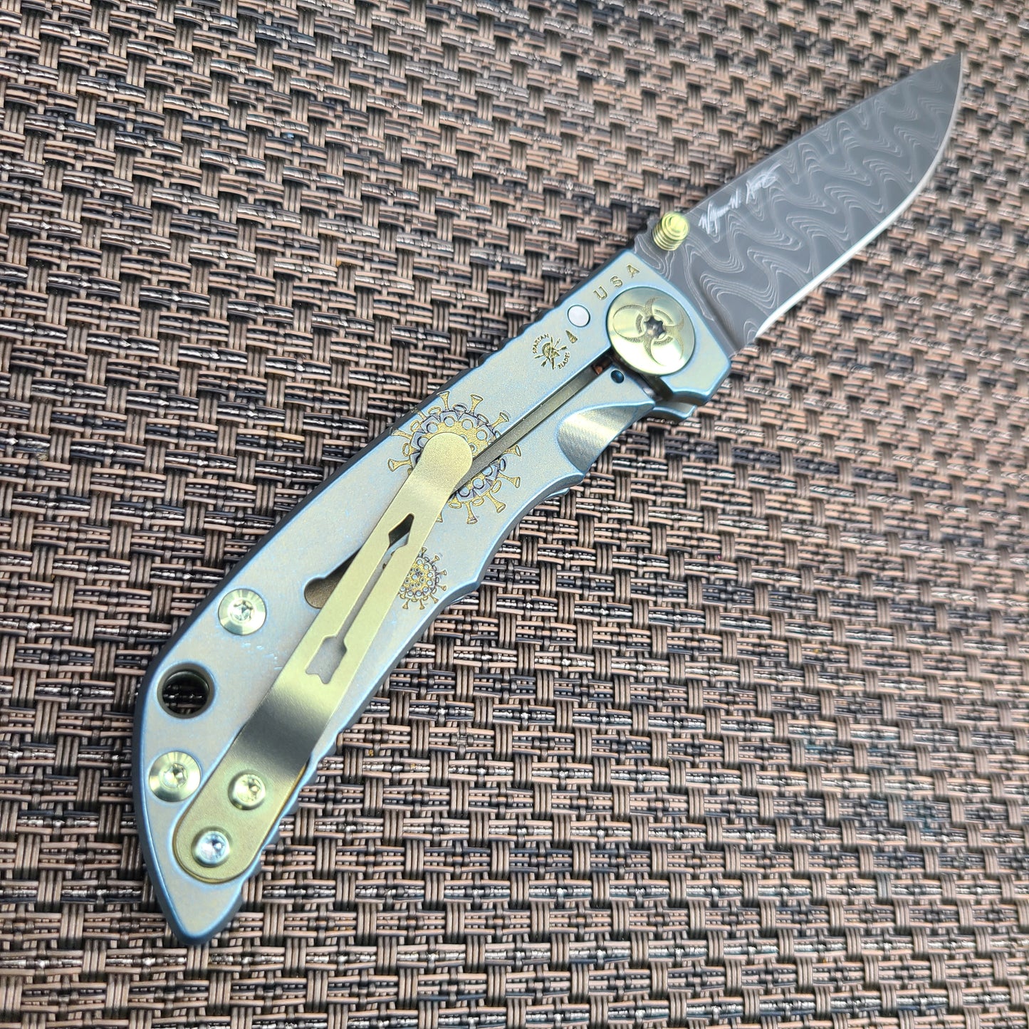 Spartan Blades Harsey Gold/Blue 3.25" Damascus Plague Doctor Folder