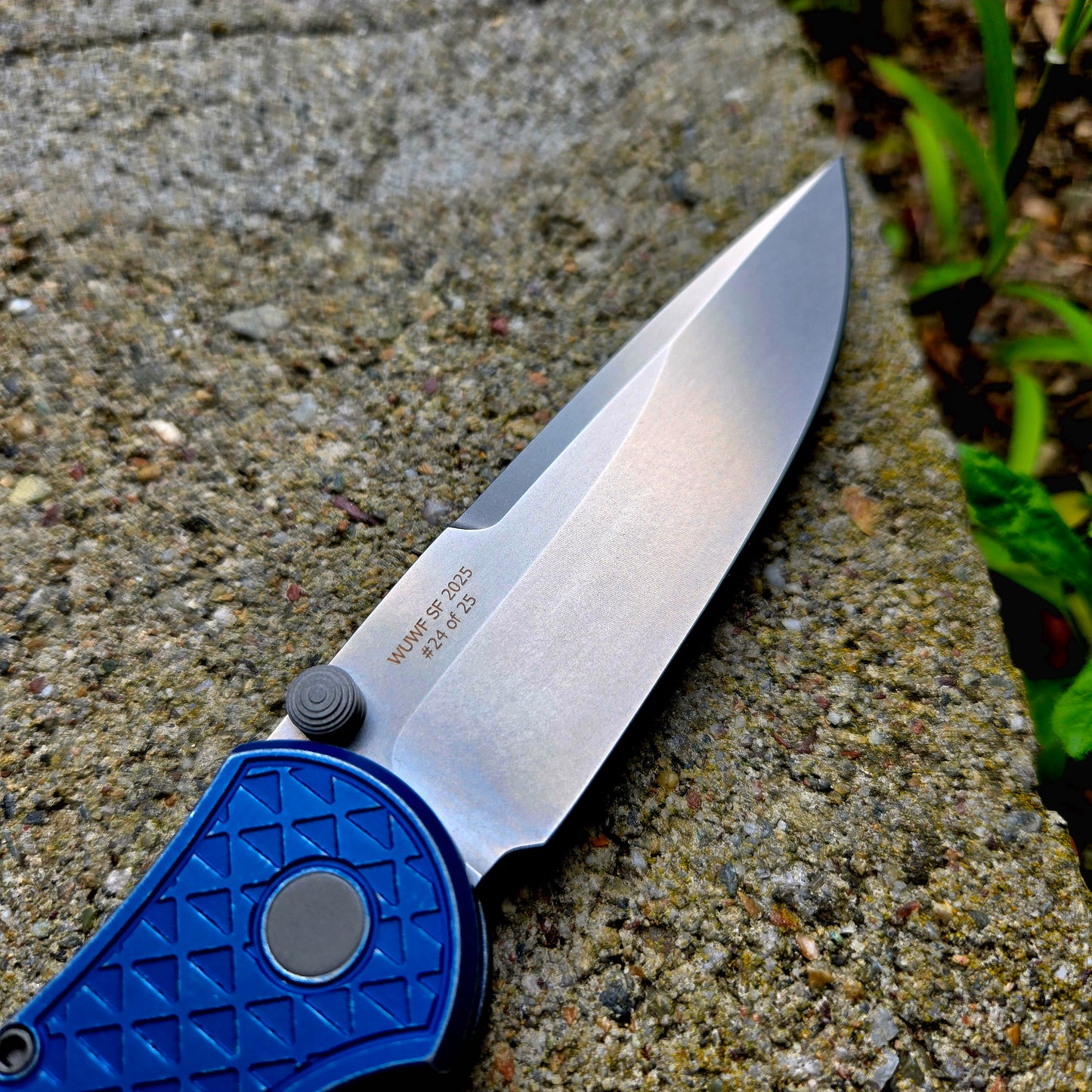 Protech WUWF SF 2025 INT-1 TR-3 Integrity Manual Thumbstud Blue Battleworn S35vn Folder *LIMITED EDITION*