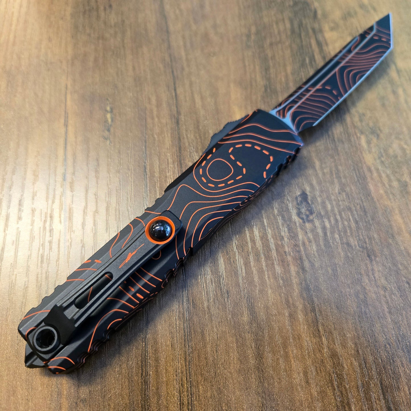 Microtech 11234-1TPBKORCS Ultratech T/E Gen IV Signature Series Topographic Black/Orange Camo Standard OTF Auto