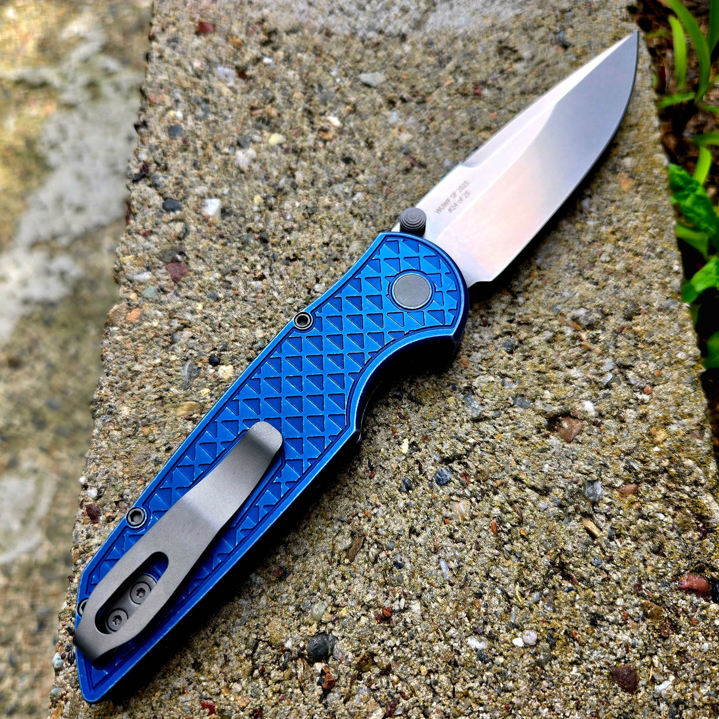 Protech WUWF SF 2025 INT-1 TR-3 Integrity Manual Thumbstud Blue Battleworn S35vn Folder *LIMITED EDITION*