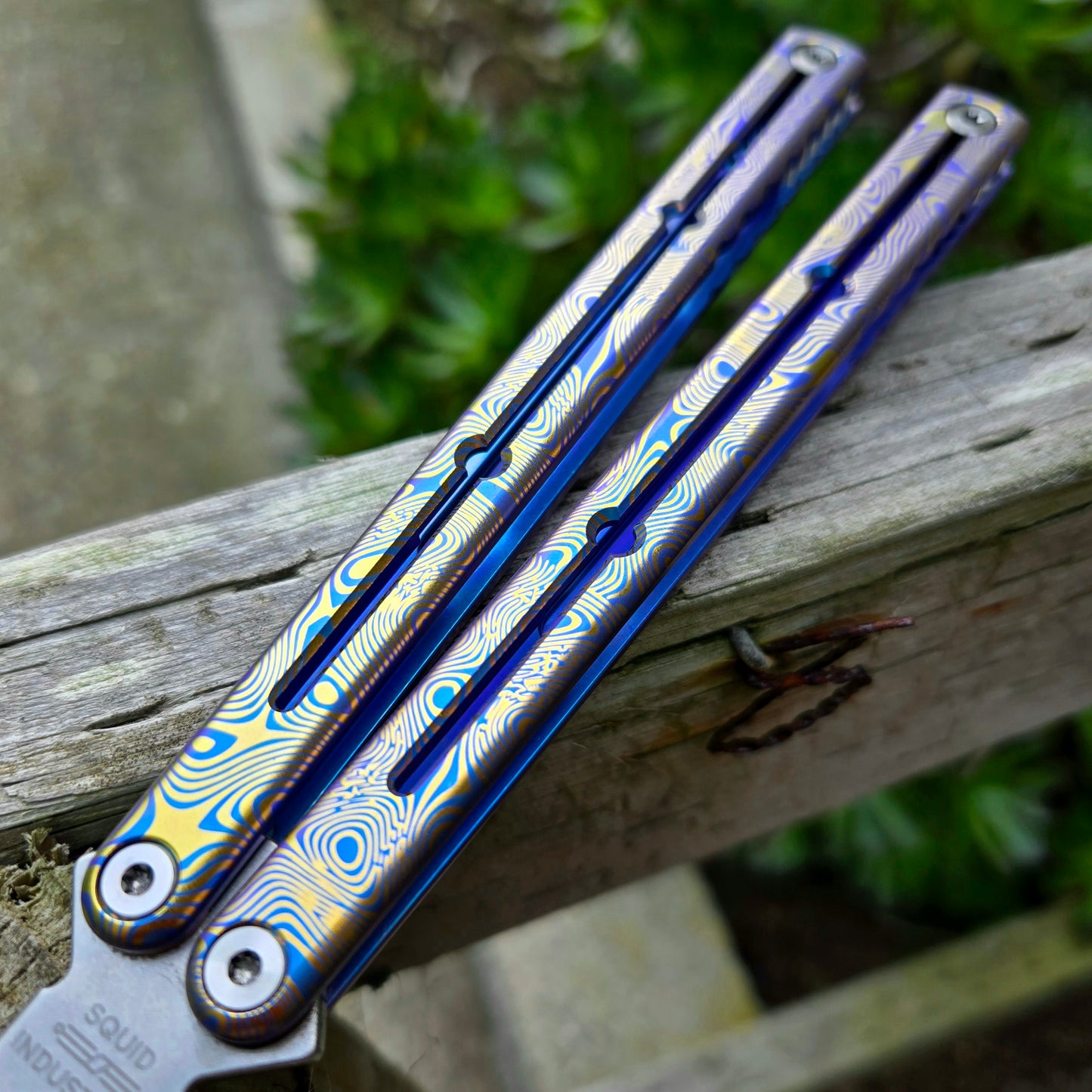 Squid Industries Ti-Krake Raken Blue/Silver Etched Damascus Trainer Balisong