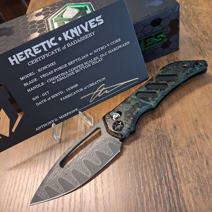 Heretic Knives Koschei Vegas Forge San Mai Damascus ChemtinaCopper Chassis Folder