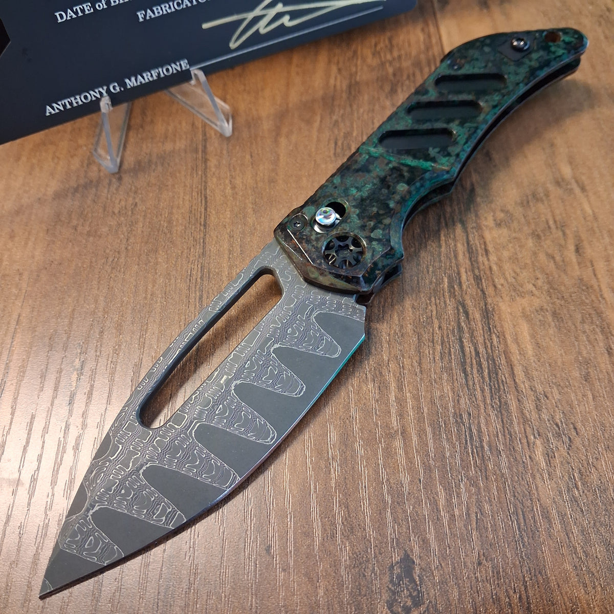 Heretic Knives Koschei Vegas Forge San Mai Damascus ChemtinaCopper Chassis Folder