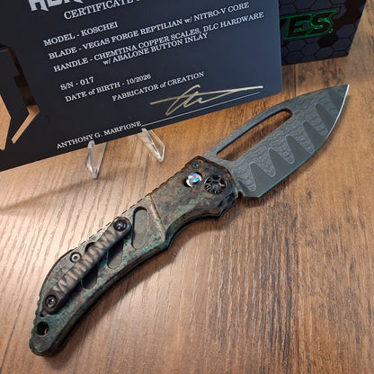 Heretic Knives Koschei Vegas Forge San Mai Damascus ChemtinaCopper Chassis Folder