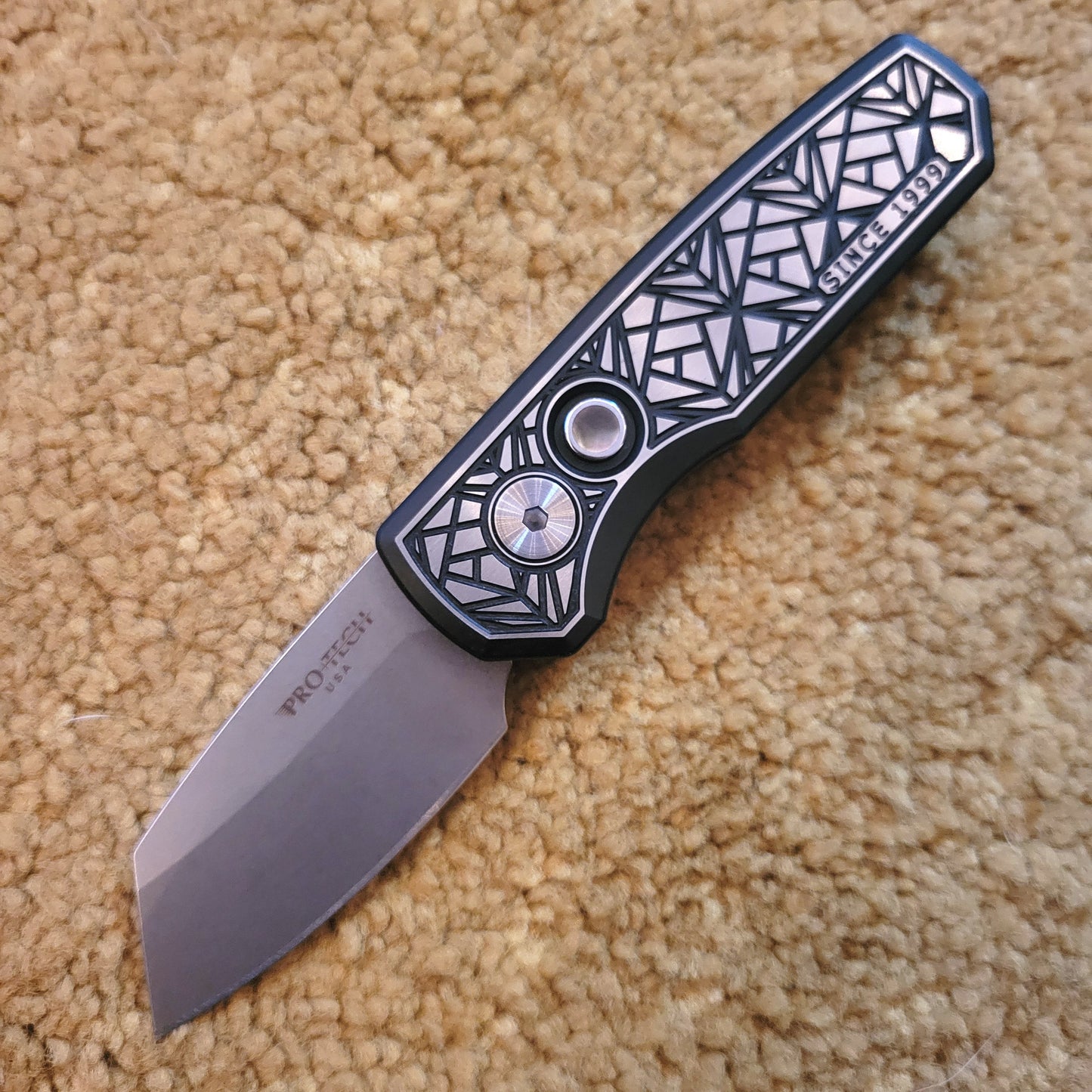 Protech 2024 Runt 5 Nexus "Since 1999" Distressed 17-4 Steel Damascus Auto