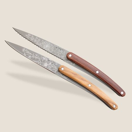Deejo 2 Pairing Knives - Olive Wood and Coral Wood Blossom COO