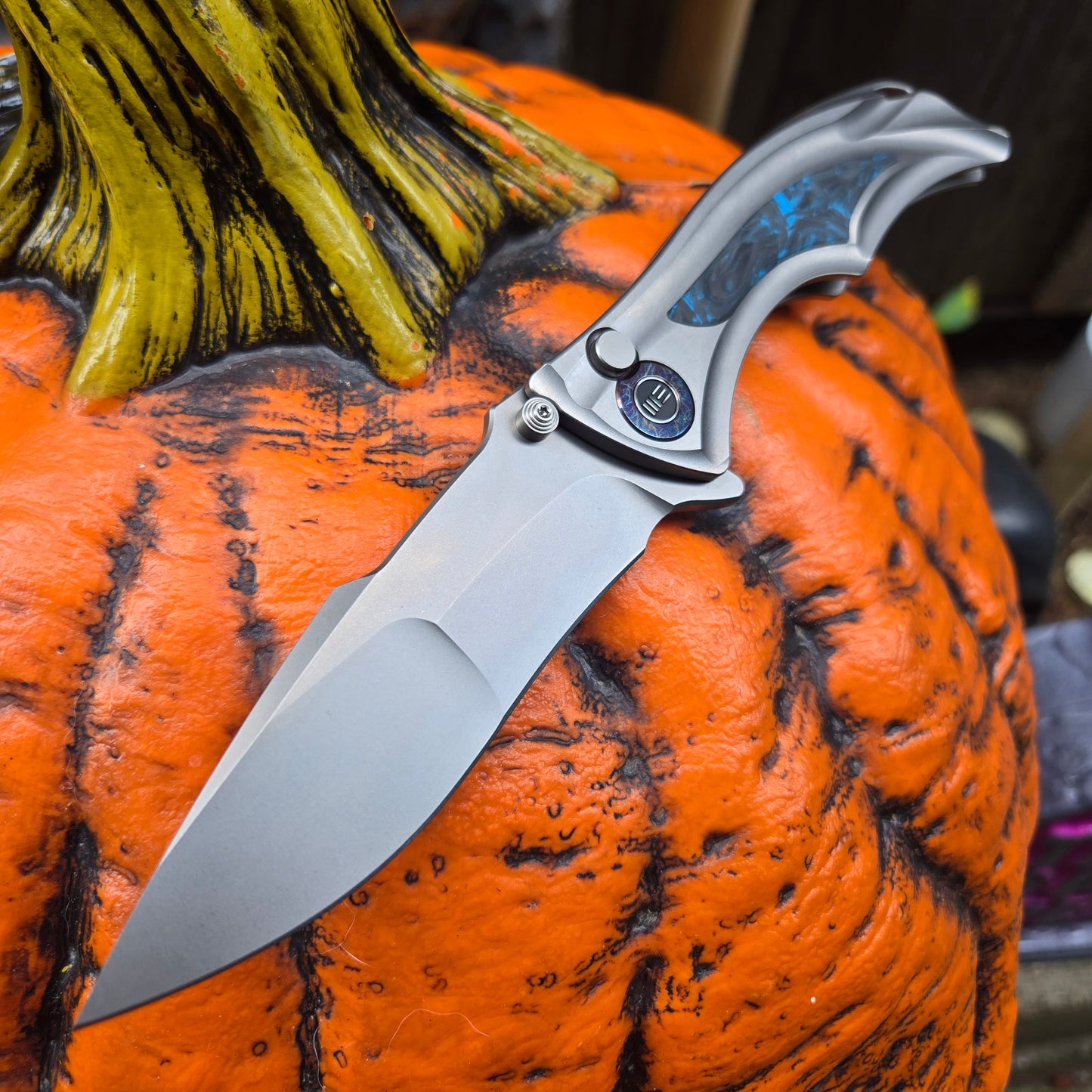 We Knife WE24054-1 Tighe Down Titanium Black and Blue CF M390 Flipper Button Lock Folder