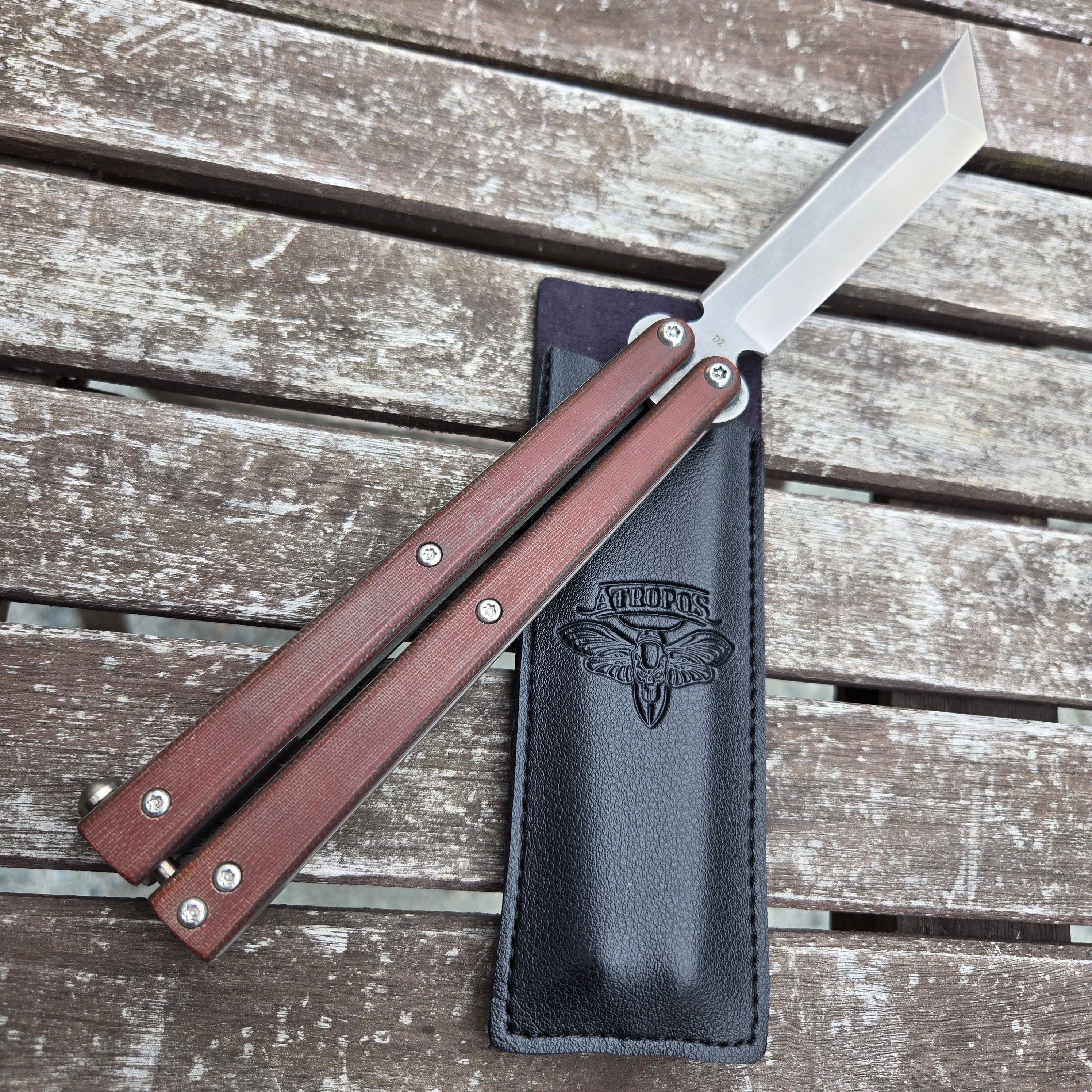 Atropos Knife Smoke BRO Brown Micarta D2 Balisong