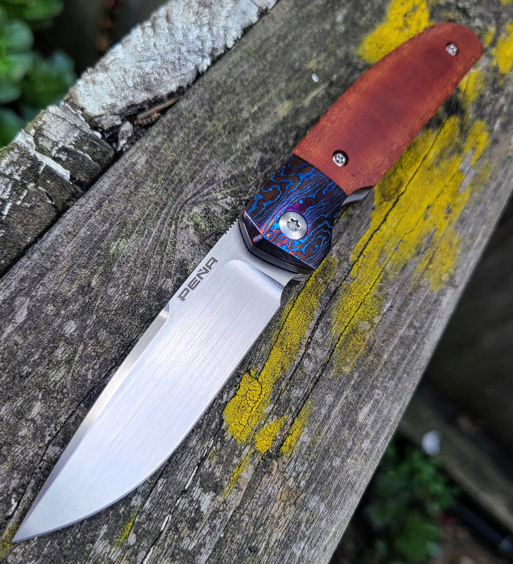 Pena Knives Caballero Brown Micarta Timascus 154cm Front Flipper