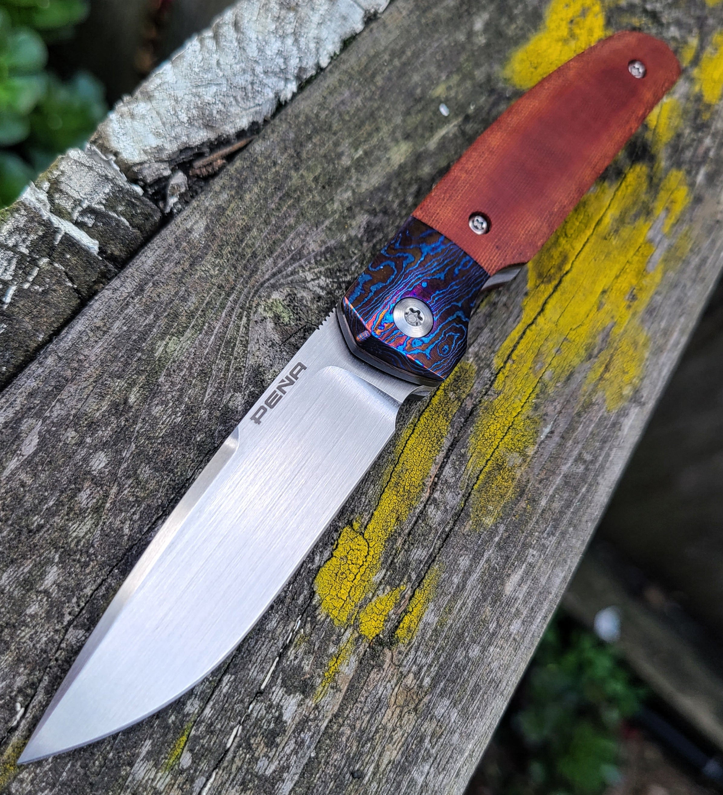 Pena Knives Caballero Brown Micarta Timascus 154cm Front Flipper