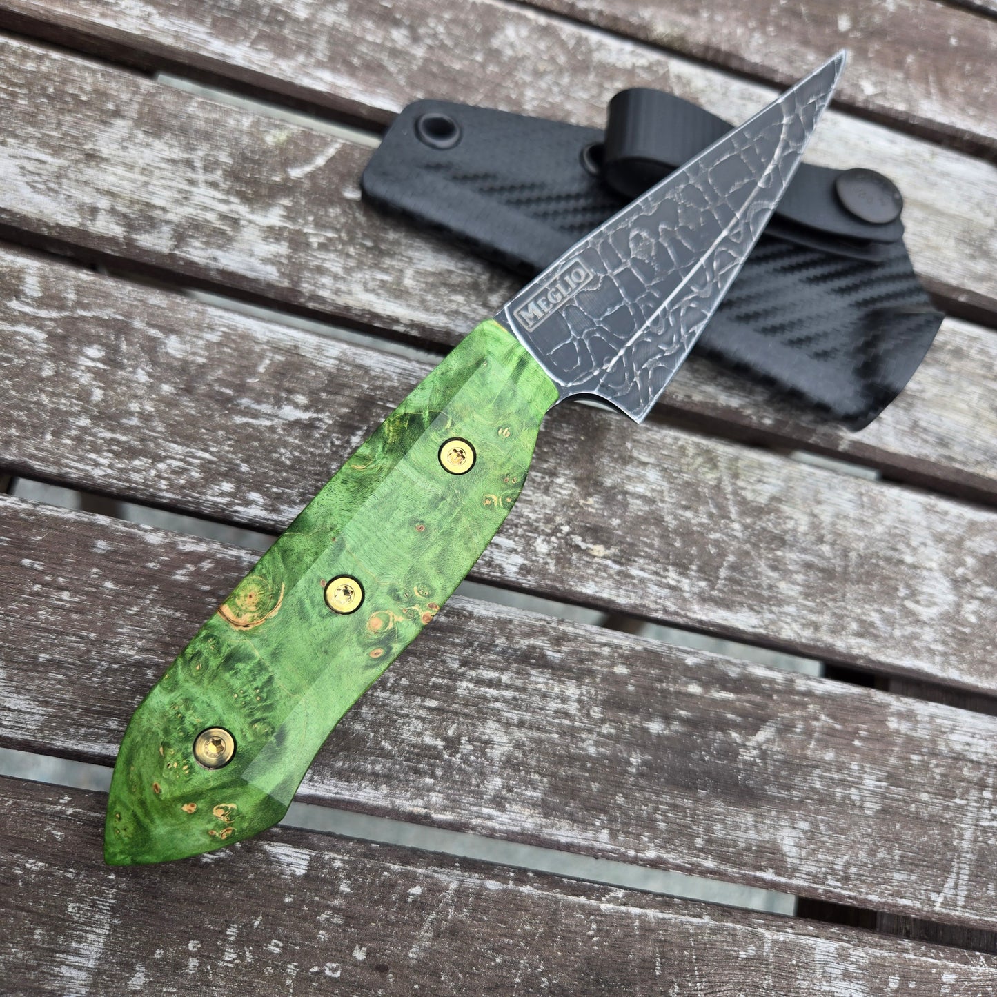Meglio Knives CUSTOM 4" Green Box Elder 2-Tone Damascus Fixed Blade
