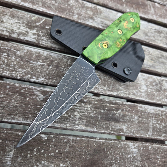 Meglio Knives CUSTOM 4" Green Box Elder 2-Tone Damascus Fixed Blade