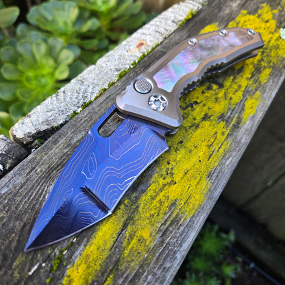 Heretic Knives *CUSTOM* Medusa Blued Damascus Hand Rubbed Titanium Auto