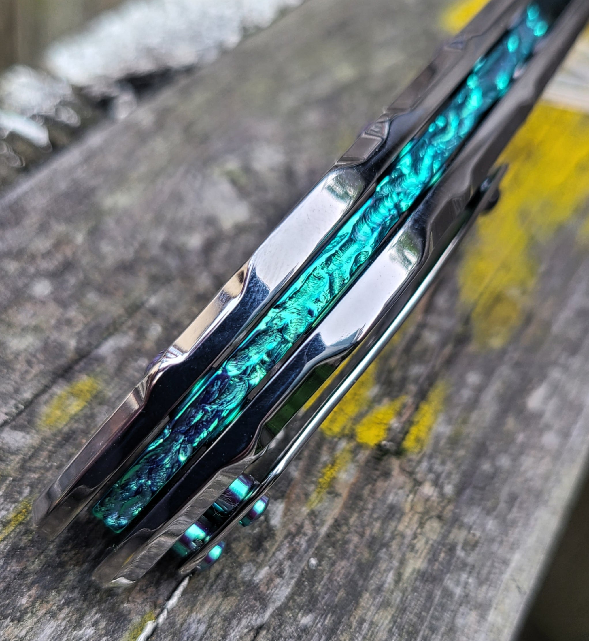 Olamic Cutlery Custom Wayfarer 247 High Polish Titanium Damasteel Folder