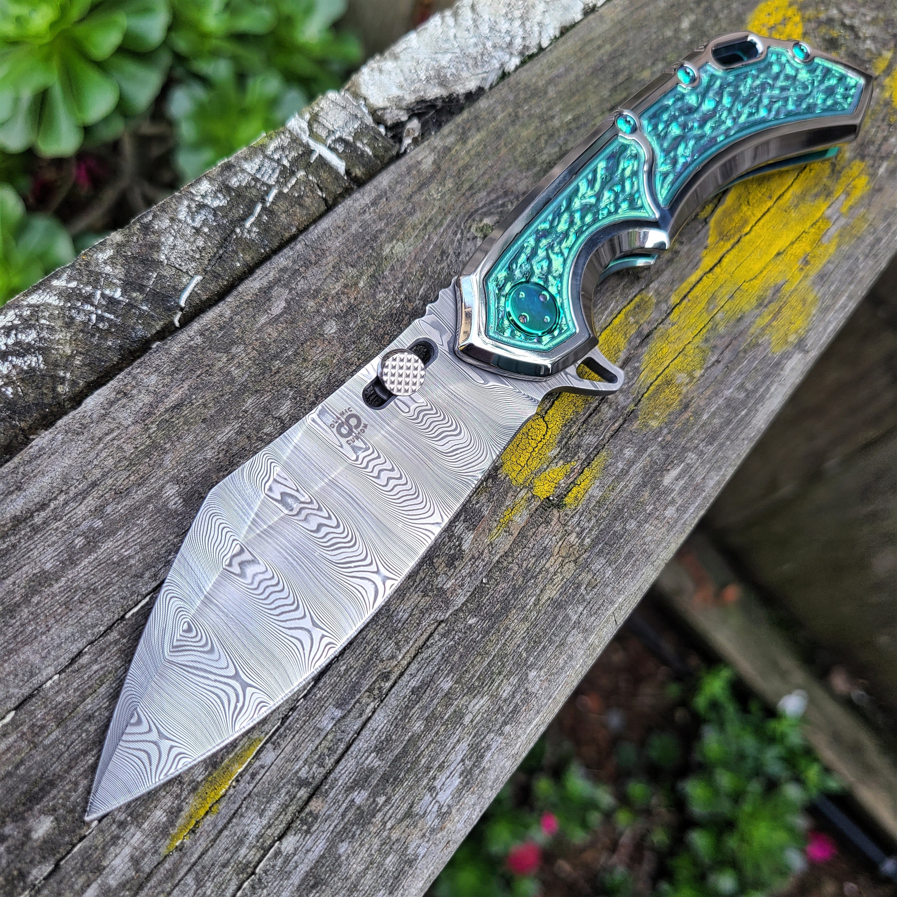 Olamic Cutlery Custom Wayfarer 247 High Polish Titanium Damasteel Folder