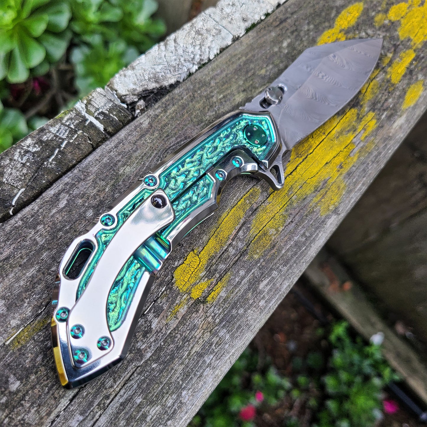 Olamic Cutlery Custom Wayfarer 247 High Polish Titanium Damasteel Folder