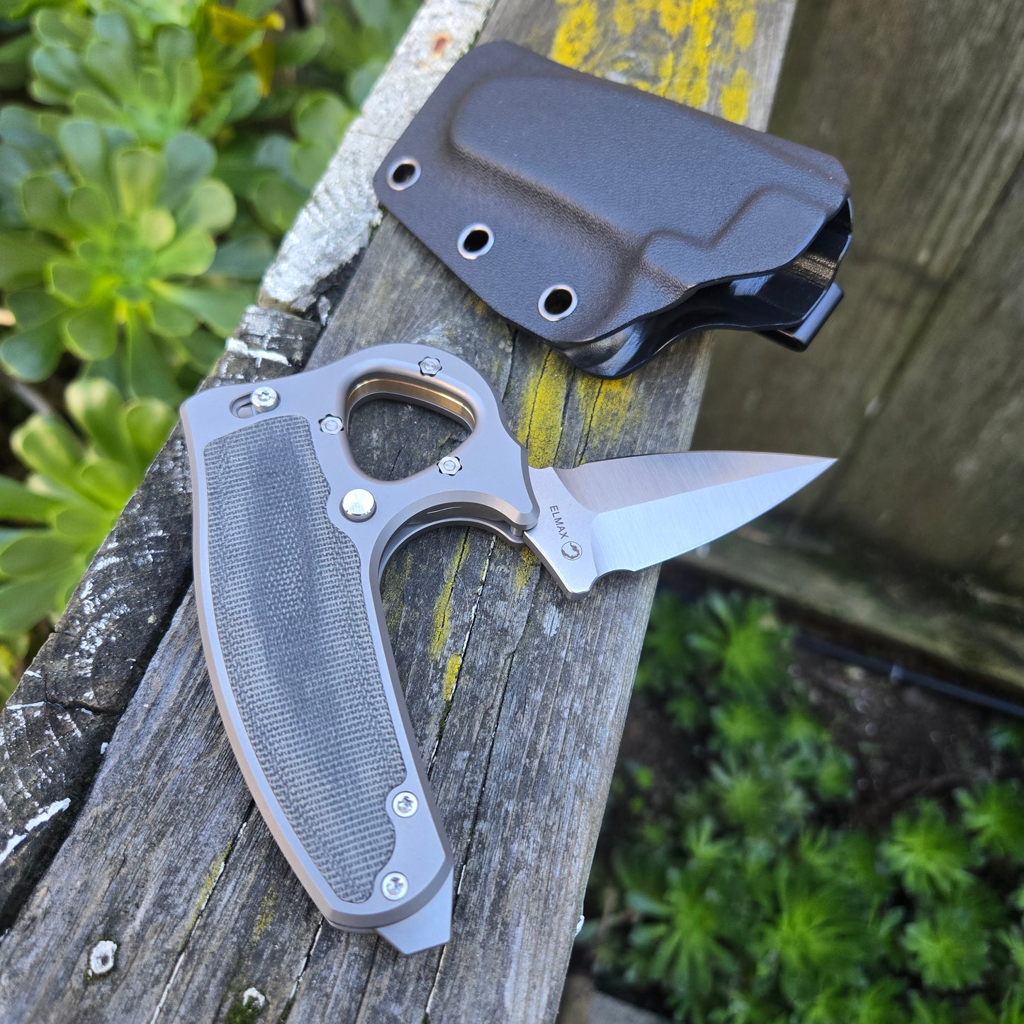 Reate Exo-D Ti-Bead Blast Black Micarta Elmax Belt Satin Folding Knife