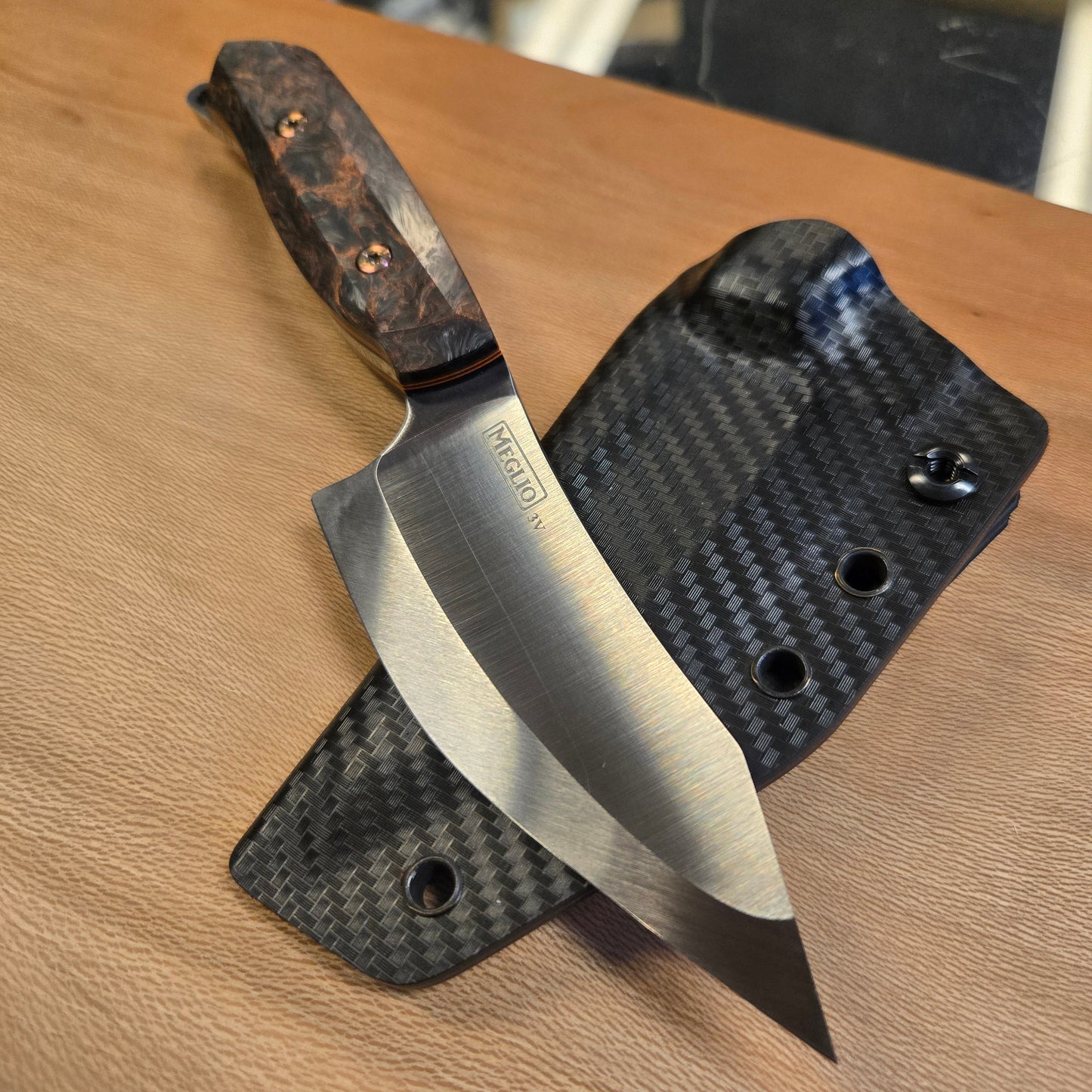 Meglio Knives Custom Dark Matter Copper Carbon Tanto Fixed Blade