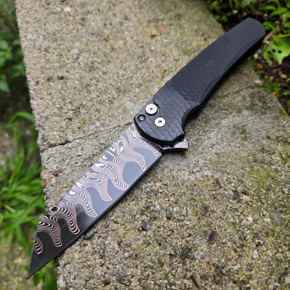 Protech 2026 Malibu Custom 004 Black Dragon Scale Baker Forge Damascus Flipper