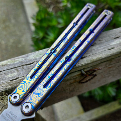 Squid Industries Ti-Krake Raken Blue/Silver Etched Damascus Trainer Balisong